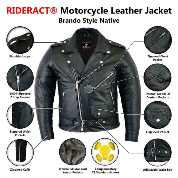 RIDERACT® Mens Leather Motorcycle Winter Jacket CE Armour - Picture 7 of 8
